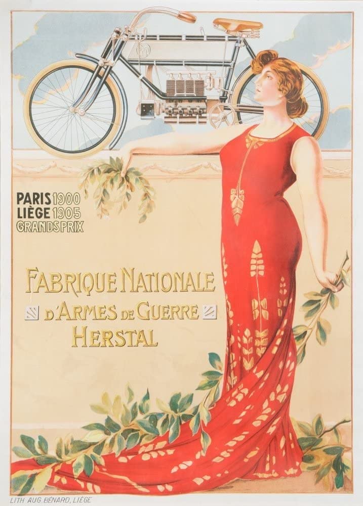 RPW Roystone Print Works Vintage Motorbikes 'Fabrique National Grand Prix Winners 1900 and 1905', Belgium, Reproduction 250gsm A4 & A3 Vintage Art Nouveau Poster wall art poster – printed in Yorkshire
