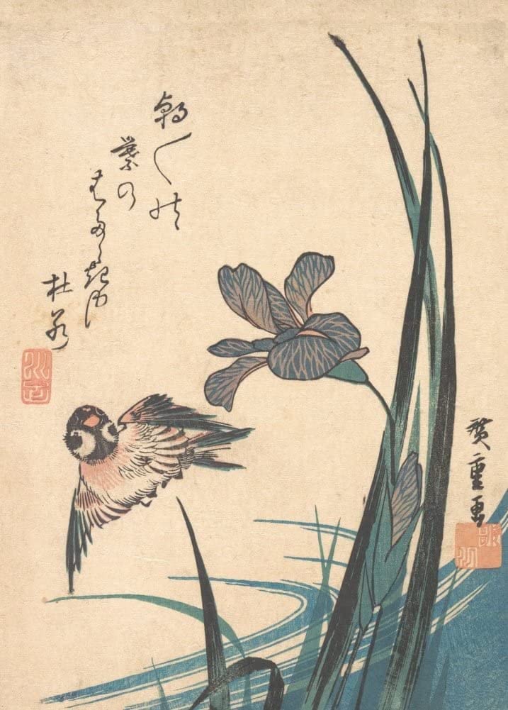 RPW Roystone Print Works Hiroshige 'Iris and Sparrow', Japan, 19th Century, Reproduction gloss A4 & A3 Vintage Classic Ukiyo-e Art Poster wall art poster – printed in Yorkshire