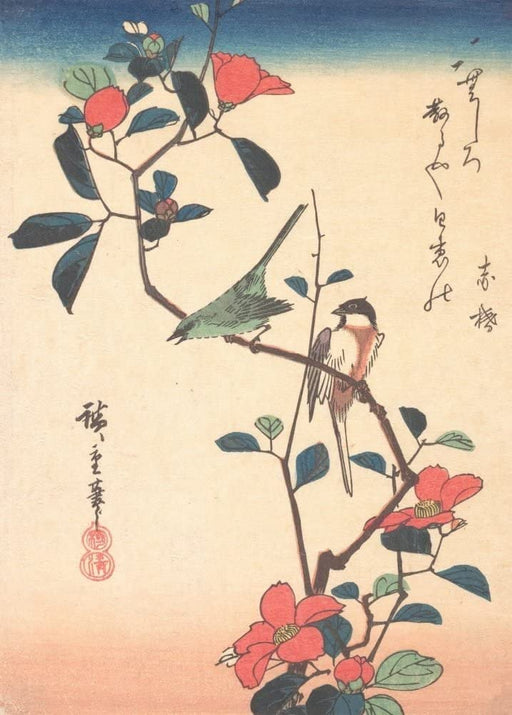 RPW Roystone Print Works Hiroshige 'Japanese White-Eye and Titmouse on a Camellia Branch', Japan, 19th Century, Reproduction gloss A4 & A3 Vintage Classic Ukiyo-e Art Poster wall art poster – printed in Yorkshire