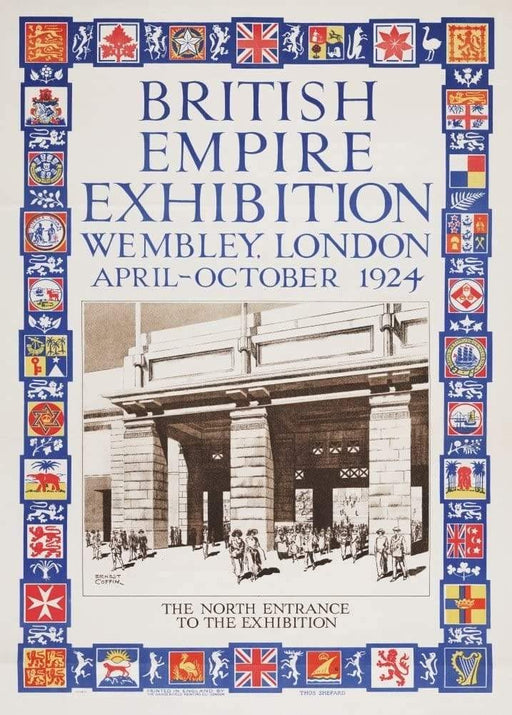 Vintage Travel England 'British Empire Exhibition, Wembley, London. North Entrabe to The Exhibition', 1924, Reproduction Vintage Art Deco Travel Poster wall art poster – printed in Yorkshire