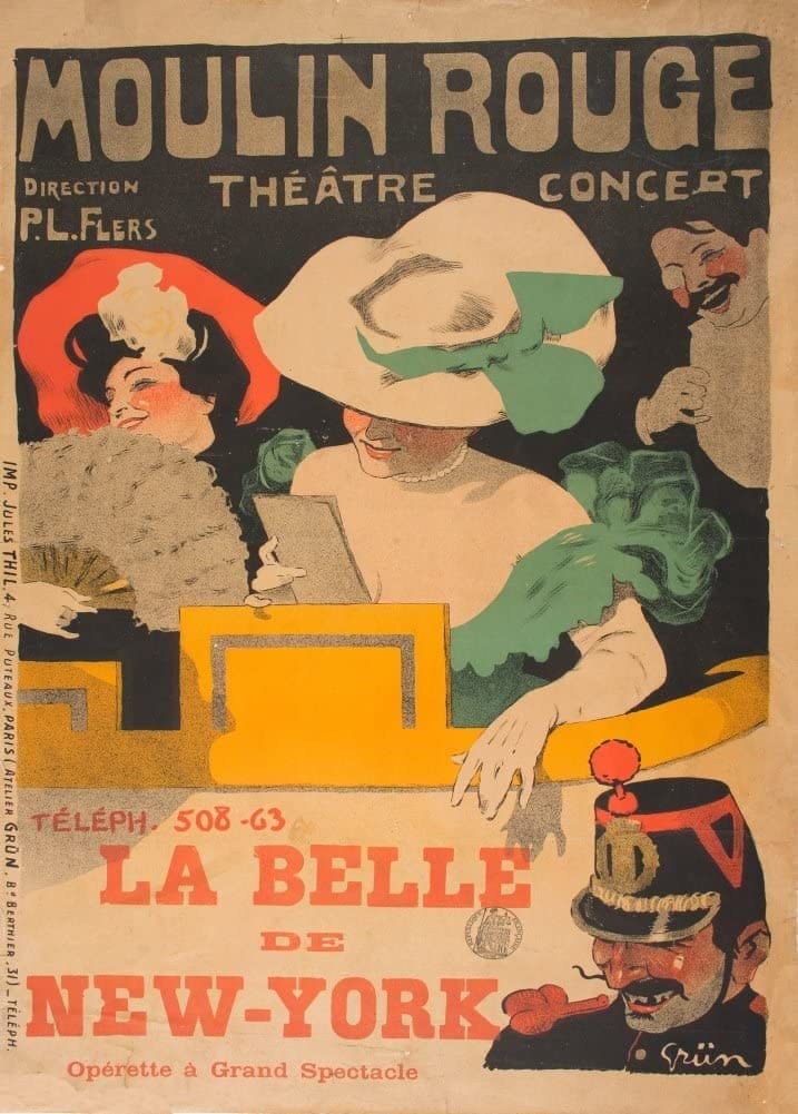 RPW Roystone Print Works Vintage Film and Theatre 'Moulin Rouge. The Belle of New York', U.S.A, 1890's, Reproduction 250gsm A4 & A3 Vintage Art Nouveau Travel Poster wall art poster – printed in Yorkshire
