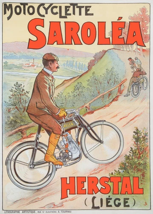 RPW Roystone Print Works Vintage Motorbikes 'Sarolea Motocyclette', Belgium, 1903, Reproduction 250gsm A4 & A3 Vintage Art Nouveau Poster wall art poster – printed in Yorkshire