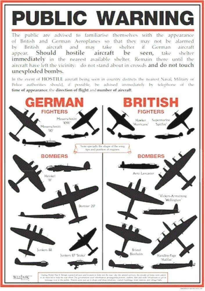 RPW Roystone Print Works World War 2 Public Warning Aircraft Identification Poster - A4 & A3 wall art poster – printed in Yorkshire