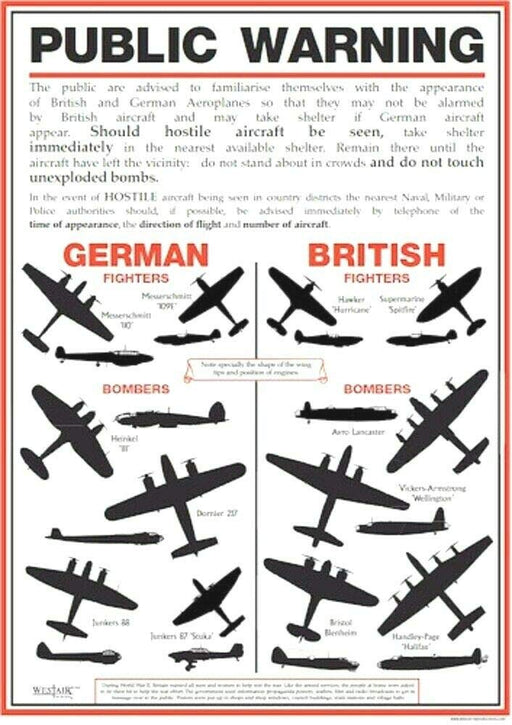 RPW Roystone Print Works World War 2 Public Warning Aircraft Identification Poster - A4 & A3 wall art poster – printed in Yorkshire