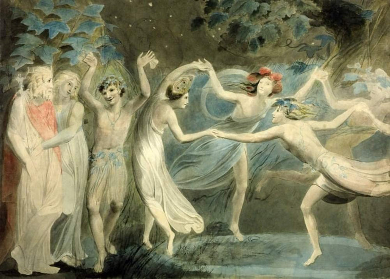 Vintage Film and Theatre 'Shakespeare. A Midsummer Night's Dream. Oberon, Titiana and Puck with Fairies Dancing', England, 1786, William Blake, Reproduction 250gsm A4 & A3 Vintage Shakespeare Poster wall art poster – printed in Yorkshire