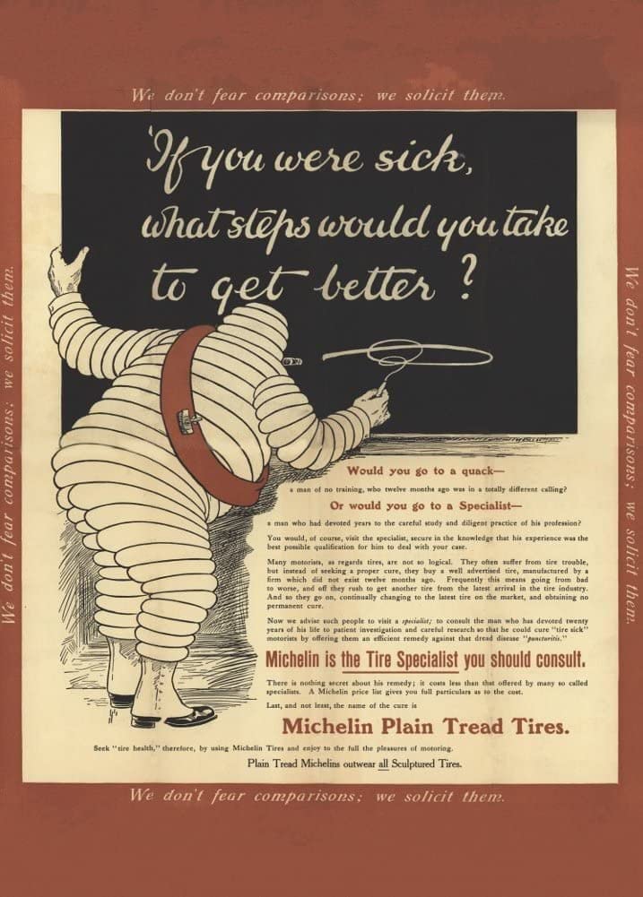 RPW Roystone Print Works Vintage Automobile 'Michelin, We Don't Fear Comparisons. We Make Them', U.S.A, undated, Reproduction 250gsm A4 & A3 Vintage Automobile Poster wall art poster – printed in Yorkshire