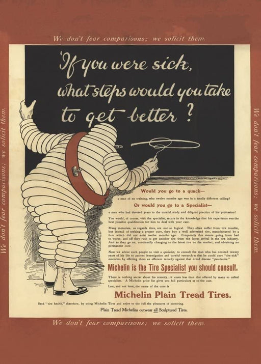 RPW Roystone Print Works Vintage Automobile 'Michelin, We Don't Fear Comparisons. We Make Them', U.S.A, undated, Reproduction 250gsm A4 & A3 Vintage Automobile Poster wall art poster – printed in Yorkshire