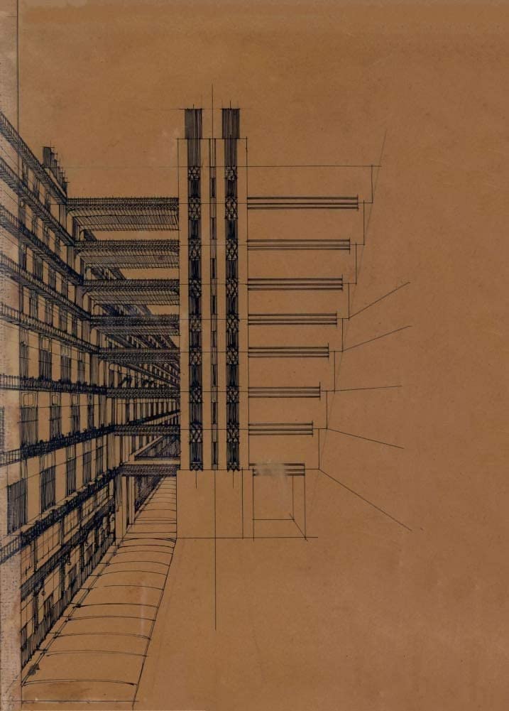 Antonio Sant'Elia 'Via secondaria per pedoni con ascensori nel mezzo', Italy, 1914, Reproduction 250gsm A4 & A3 Vintage Italian Futurism Poster Print wall art poster – printed in Yorkshire