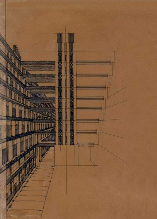 Antonio Sant'Elia 'Via secondaria per pedoni con ascensori nel mezzo', Italy, 1914, Reproduction 250gsm A4 & A3 Vintage Italian Futurism Poster Print wall art poster – printed in Yorkshire