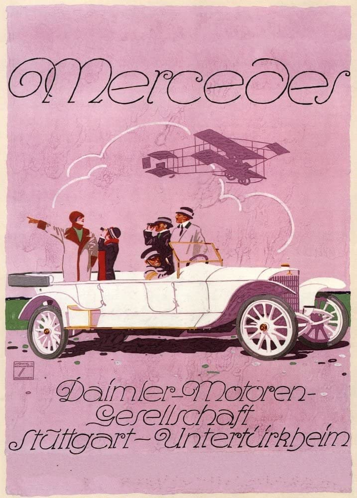 RPW Roystone Print Works Vintage Automobile 'Mercedes, Stuttgart,' Germany, 1914, by Ludwig Hohlwein, Reproduction 250gsm A4 & A3 Vintage Automobile Poster wall art poster – printed in Yorkshire