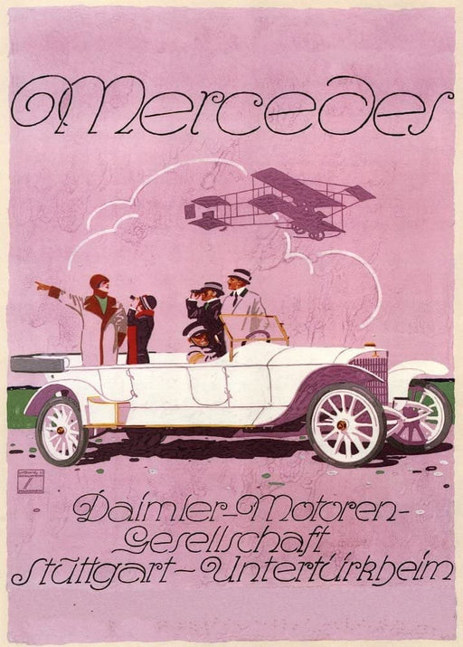 RPW Roystone Print Works Vintage Automobile 'Mercedes, Stuttgart,' Germany, 1914, by Ludwig Hohlwein, Reproduction 250gsm A4 & A3 Vintage Automobile Poster wall art poster – printed in Yorkshire