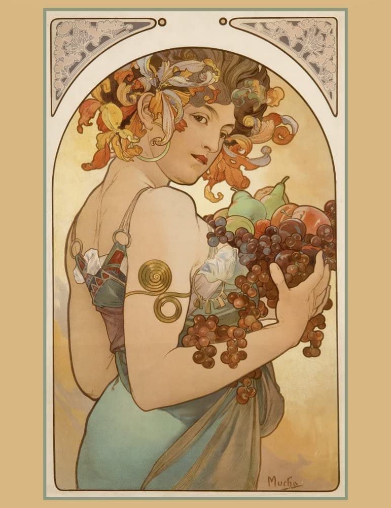 Alphonse Mucha 'Fruit', Czech, 1897, Reproduction Vintage 250gsm A4 & A3 Classic Art Nouveau Poster Print wall art poster – printed in Yorkshire