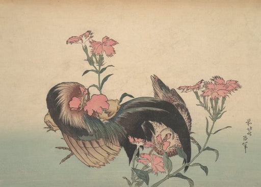 RPW Roystone Print Works Hokusai 'Cock, Hen, and Nadeshiko', Japan, 18-19th Century, Reproduction gloss A4 & A3 Ukiyo-e Classic Art Poster wall art poster – printed in Yorkshire