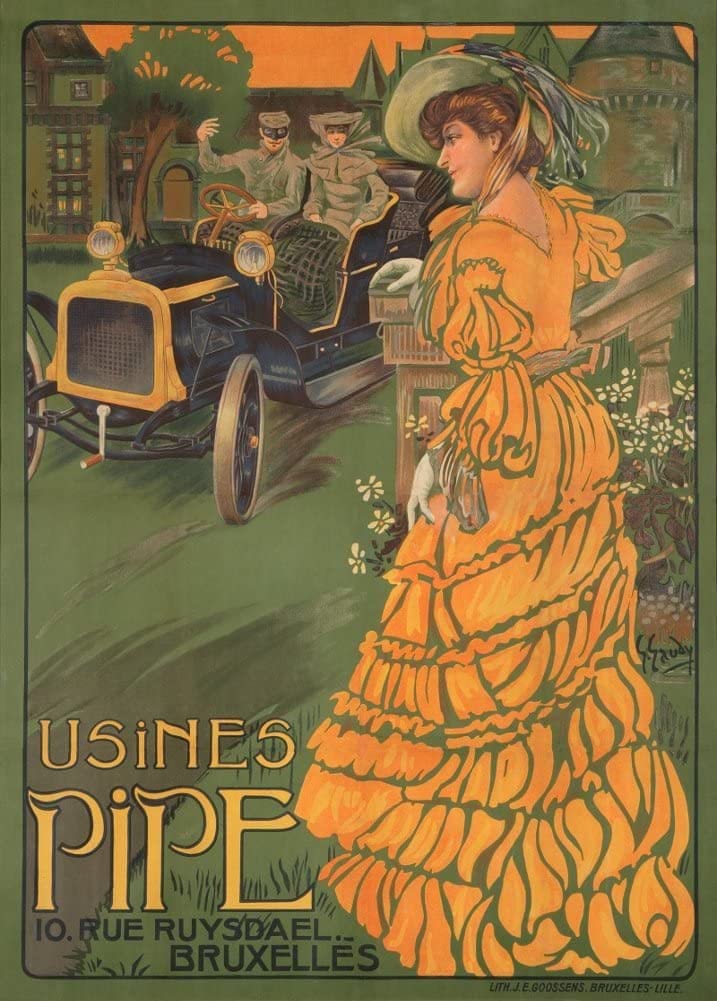RPW Roystone Print Works Vintage Automobile 'Usines Pipe', Belgium, 1890's, Reproduction 250gsm A4 & A3 Vintage Art Nouveau Automobile Poster wall art poster – printed in Yorkshire