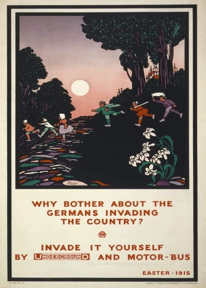Funky Print Vintage London Underground 'Why Bother About The Germans invading The Countryside', 1915, Edward McKnight Kauffer, Reproduction Vintage Travel Poster wall art poster – printed in Yorkshire