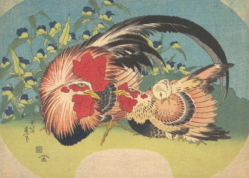 RPW Roystone Print Works Hokusai 'Rooster, Hen and Chicken with Spiderwort', Japan, 18-19th Century, Reproduction gloss A4 & A3 Ukiyo-e Classic Art Poster wall art poster – printed in Yorkshire