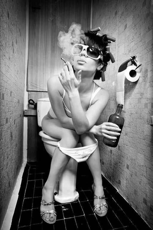Black and White Wall Art – Party Girl in Bathroom – Retro Photo Print Poster – Fun Drinking Theme – Home Bar, Bathroom, or Dorm Room Decor wall art poster – printed in Yorkshire