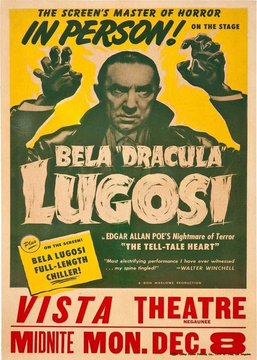 RPW Roystone Print Works Vintage Film and Theatre 'Edgar Allan Poe's The Tell-Tale Heart, with Bela Lugosi, Live at The Vista Theatre', U.S.A, 1947, Reproduction 250gsm A4 & A3 Movie Poster wall art poster – printed in Yorkshire