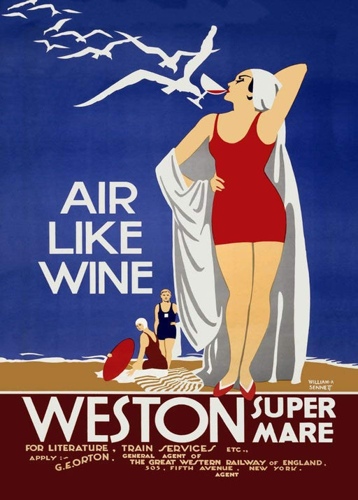RPW Roystone Print Works Vintage Travel England 'Weston Super Mare for Air Like Wine', Circa. 1920-30's, Reproduction 250gsm Gloss A4 & A3 Art Deco Vintage Poster wall art poster – printed in Yorkshire