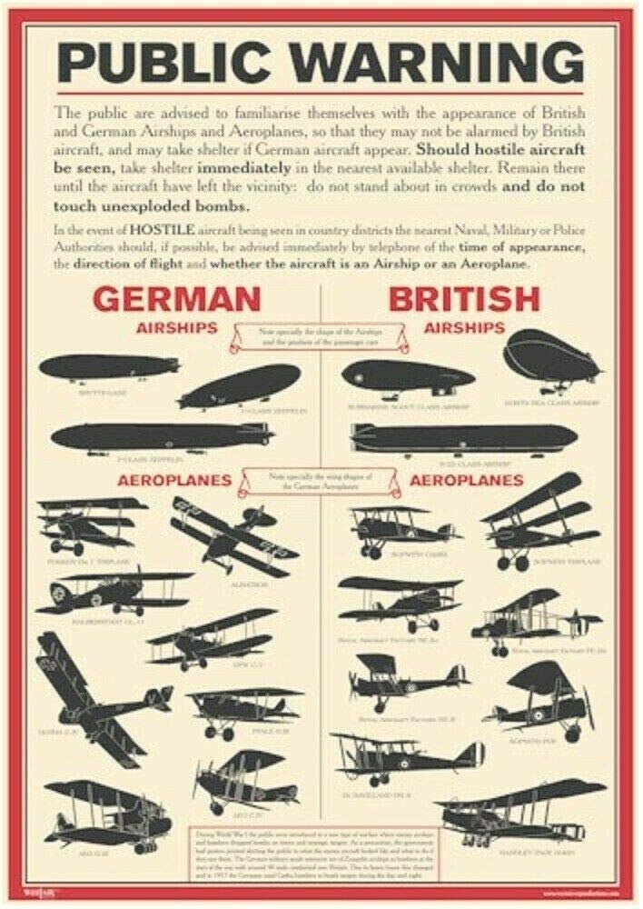 RPW Roystone Print Works World War 1 Public Warning Aircraft Identification Poster - A4 & A3 wall art poster – printed in Yorkshire