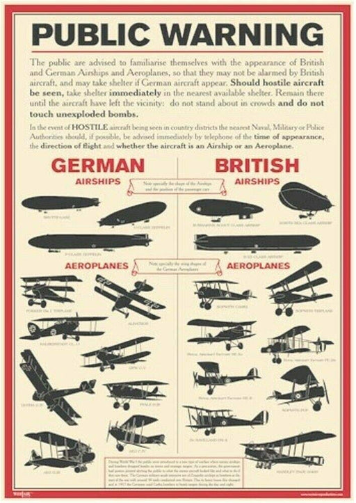 RPW Roystone Print Works World War 1 Public Warning Aircraft Identification Poster - A4 & A3 wall art poster – printed in Yorkshire
