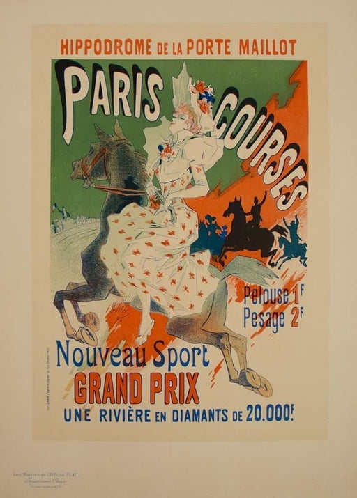 Jules Cheret 'Paris Courses Grand Prix Hippodrome de la Porte Maillot', France, 1890, with Les Maitres de l'Affiche Border, Reproduction 250gsm A4 & A3 Vintage Classic Art Nouveau Poster wall art poster – printed in Yorkshire