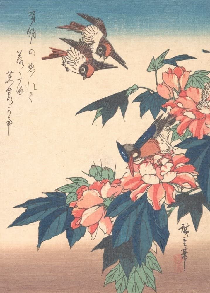 RPW Roystone Print Works Hiroshige 'Swallows and Kingfisher with Rose Mallows', Japan, 19th Century, Reproduction gloss A4 & A3 Vintage Classic Ukiyo-e Art Poster wall art poster – printed in Yorkshire