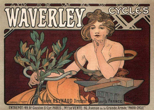 Vintage Cycling 'Waverley Cycles', France, 1898 by Alphonse Mucha, Reproduction 250gsm A4 & A3 Vintage Art Nouveau Cycling Poster Print wall art poster – printed in Yorkshire