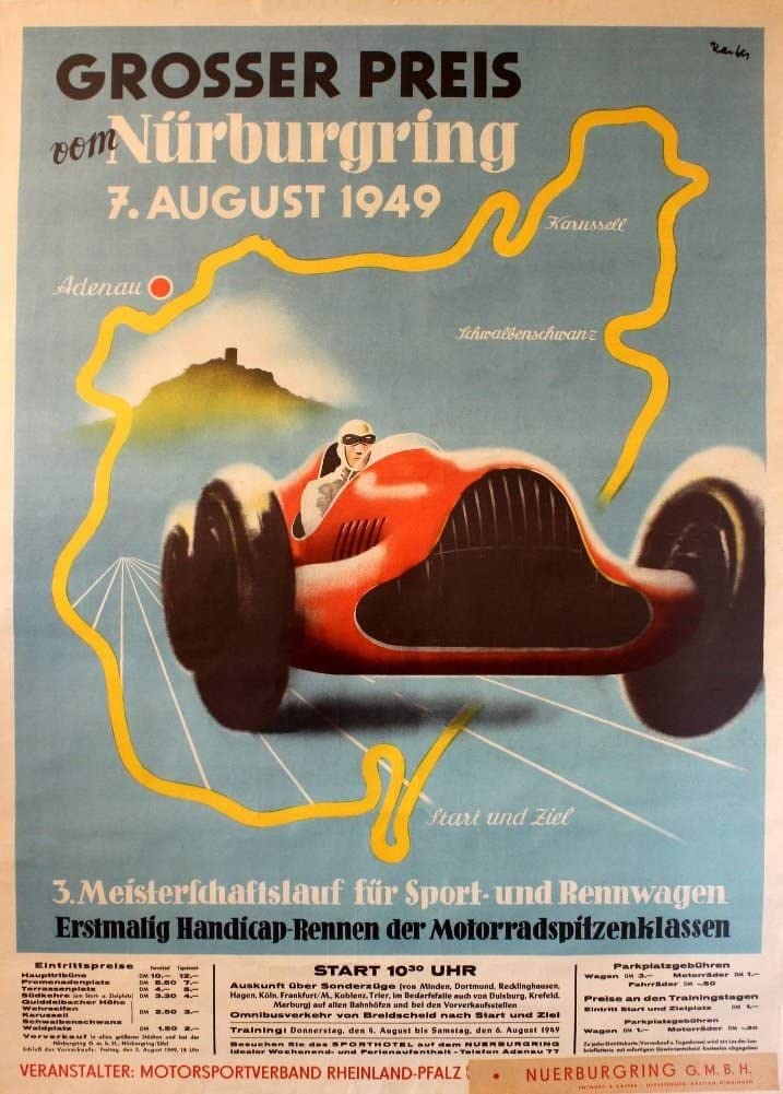 RPW Roystone Print Works Vintage Automobile 'Grand Prix, Nurburggring', Germany, 1925, Reproduction 250gsm A4 & A3 Vintage Art Deco Automobile Poster wall art poster – printed in Yorkshire