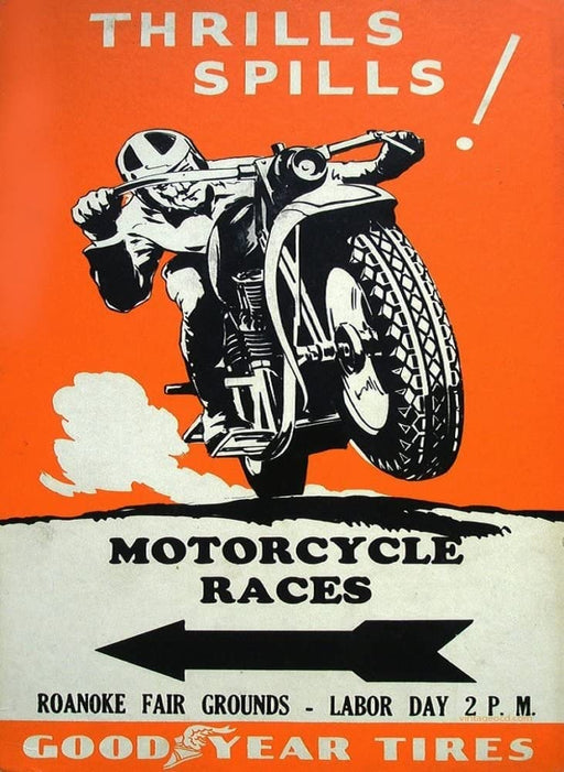 RPW Roystone Print Works Vintage Motorbikes 'Thrills and Spills at The Motorcycle Races', U.S.A, 1950's, Reproduction 250gsm A4 & A3 Vintage Art Deco Poster wall art poster – printed in Yorkshire