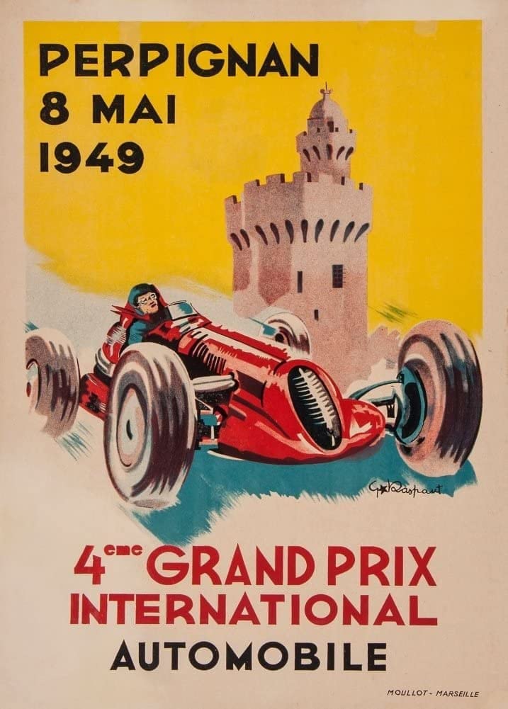 RPW Roystone Print Works Vintage Automobile 'Grand Prix, Perignan', France, 1949, Reproduction 250gsm A4 & A3 Vintage Art Deco Automobile Poster wall art poster – printed in Yorkshire