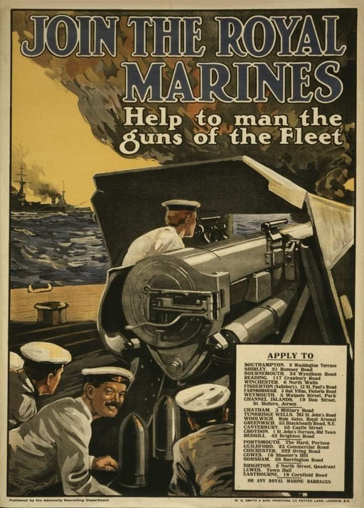 Vintage British WW1 Propaganda 'Join The Royal Marines. Help to Man The Guns of The Fleet', England, 1914-18, Reproduction 250gsm Gloss A4 & A3 Vintage British Propaganda Poster wall art poster – printed in Yorkshire