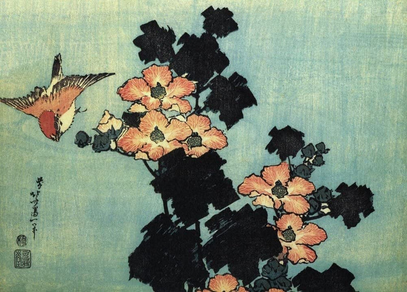 RPW Roystone Print Works Hokusai 'Hibiscus and Sparrow', Japan, 18-19th Century, Reproduction gloss A4 & A3 Ukiyo-e Classic Art Poster wall art poster – printed in Yorkshire