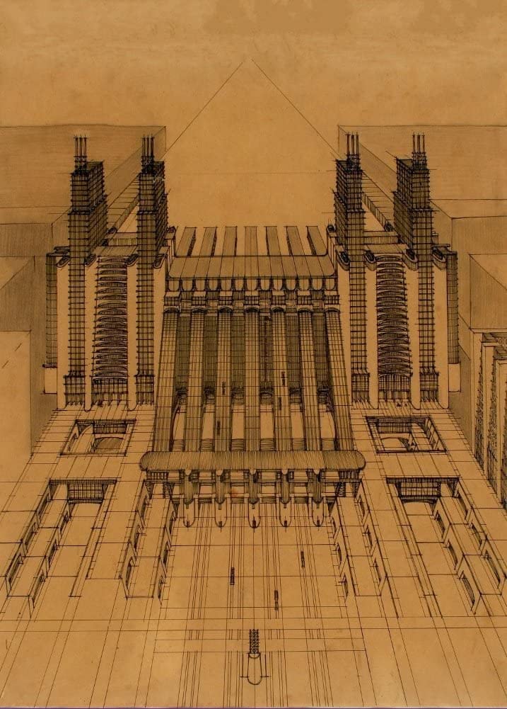 Antonio Sant'Elia 'Station of Airplanes and Trains and Funiculars Elevators on Three Roadways', Italy, Reproduction 250gsm A4 & A3 Vintage Italian Futurism Poster Print wall art poster – printed in Yorkshire