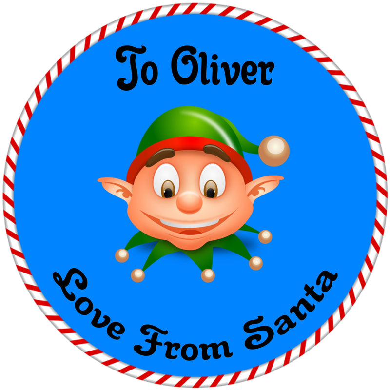 Personalised Christmas Stickers, 24 Pack, 45mm Round Labels, Santa Elf Design wall art poster – printed in Yorkshire
