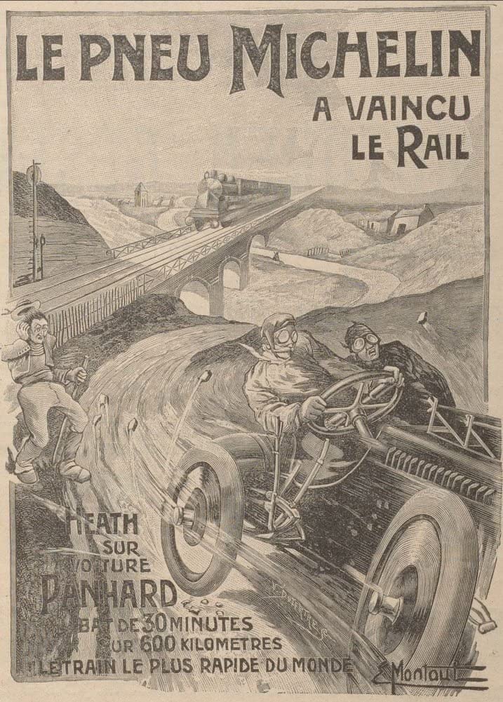 RPW Roystone Print Works Vintage Automobile 'Michelin Celebrating Victory Against Fastest Train', U.S.A, 1905, Reproduction 250gsm A4 & A3 Vintage Automobile Poster wall art poster – printed in Yorkshire