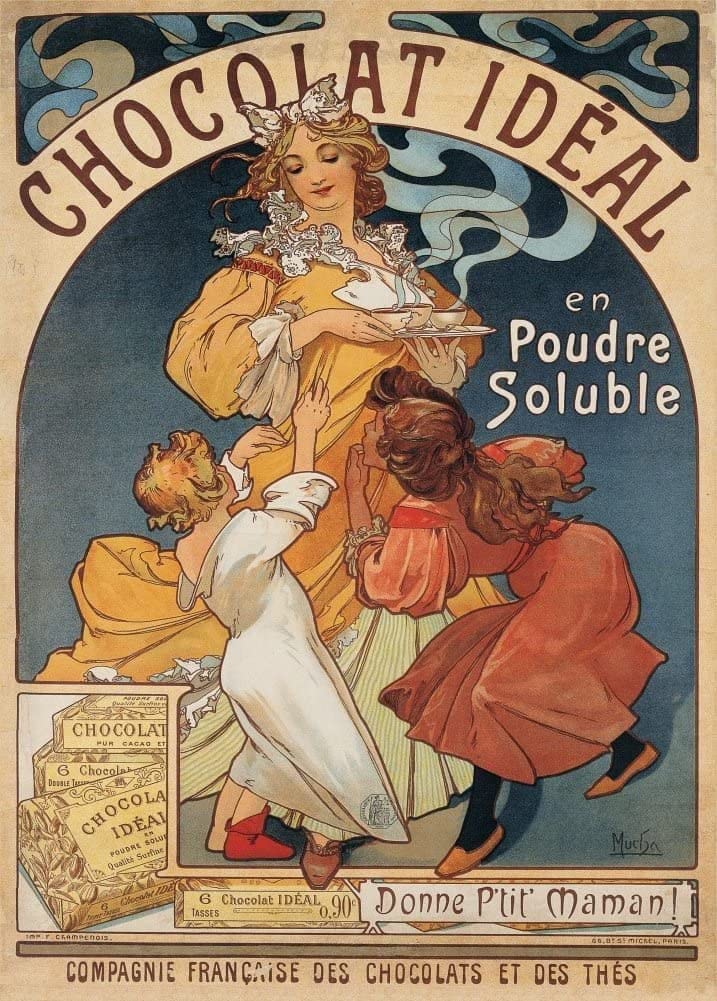 Vintage Coffee, Teas and Hot Drinks 'Chocolat Ideal', France, 1897, Alphonse Mucha, Reproduction 250gsm A4 & A3 Vintage Art Nouveau Poster Print wall art poster – printed in Yorkshire