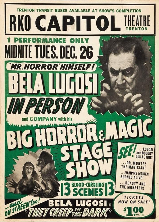 Vintage Film and Theatre 'Bela Lugosi Live at The RKO Capital Theatre for One Night Only', U.S.A, 1950, Reproduction 250gsm A4 & A3 Vintage Vampire Poster wall art poster – printed in Yorkshire