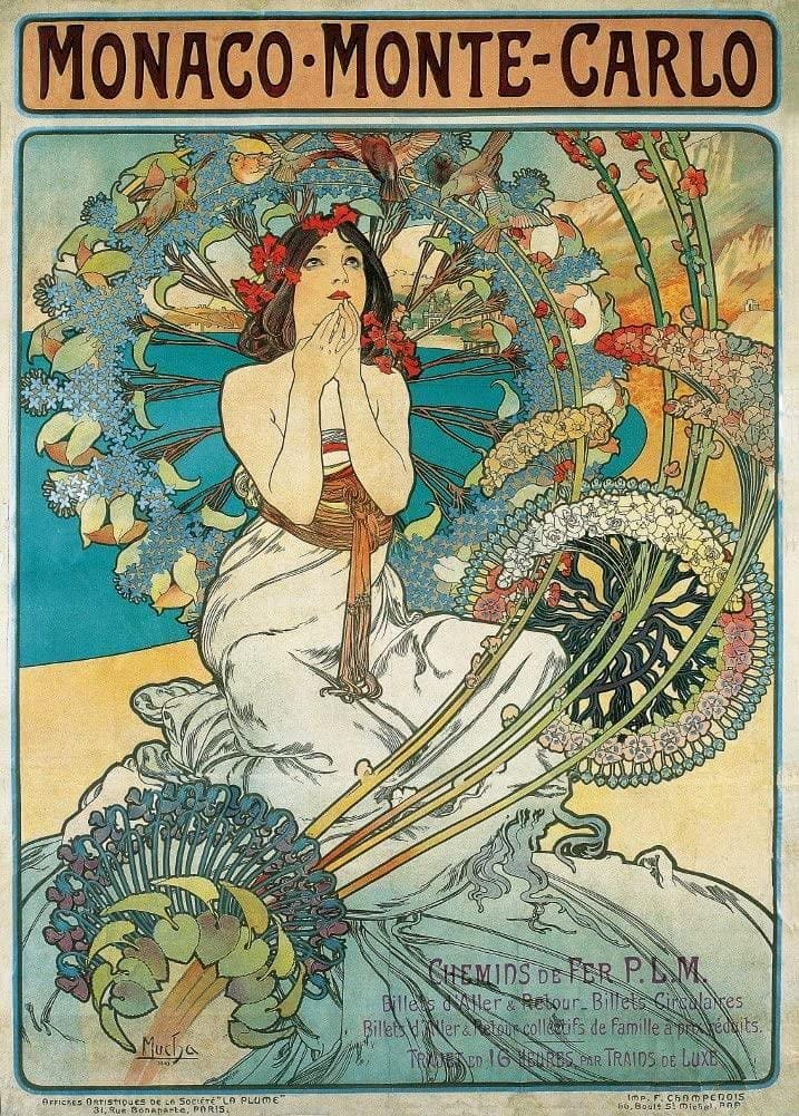 Vintage Travel Monaco 'Monte Carlo', 1897, Alphonse Mucha, Reproduction 250gsm A4 & A3 Vintage Art Nouveau Travel Poster Print wall art poster – printed in Yorkshire