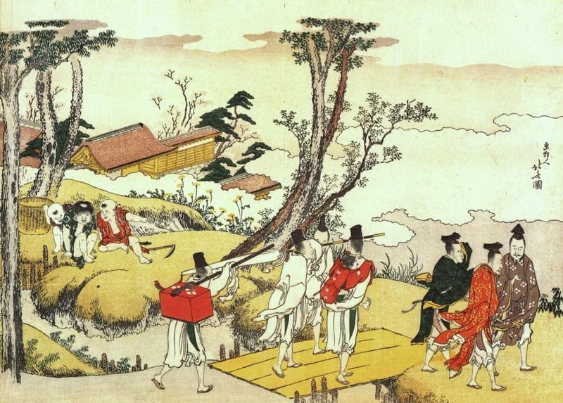 RPW Roystone Print Works Hokusai 'Courtiers Crossing a Bridge', Japan, 18-19th Century, Reproduction gloss A4 & A3 Ukiyo-e Classic Art Poster wall art poster – printed in Yorkshire