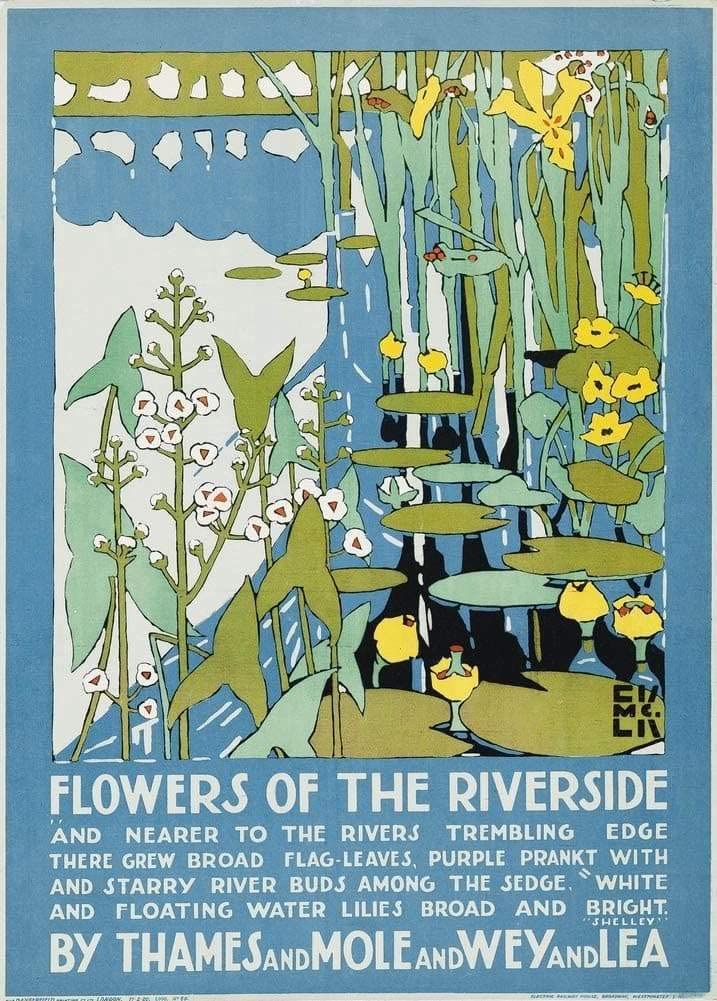 RPW Roystone Print Works Vintage Underground 'Flowers of The Riverside', 1920, Edward McKnight Kauffer, Reproduction Classic Art Deco English Travel Poster wall art poster – printed in Yorkshire