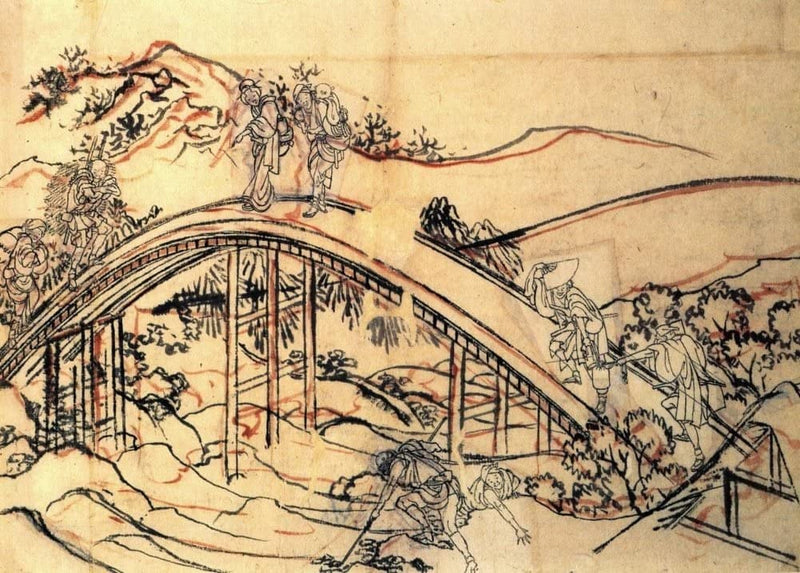 RPW Roystone Print Works Hokusai 'People Crossing an Arched Bridge', Japan, 18-19th Century, Reproduction gloss A4 & A3 Ukiyo-e Classic Art Poster wall art poster – printed in Yorkshire