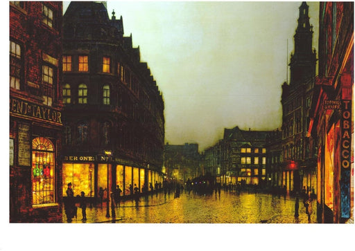 John Atkinson Grimshaw Boar Lane by Lamplight 1881 Art Print Poster White A4 and A3 wall art poster – printed in Yorkshire