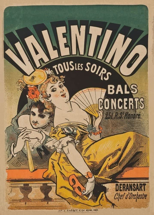 RPW Roystone Print Works Jules Cheret 'Valentino Tous Les Sours Bals Concerts', France, Reproduction 250gsm A4 & A3 Vintage Classic Art Nouveau Poster wall art poster – printed in Yorkshire