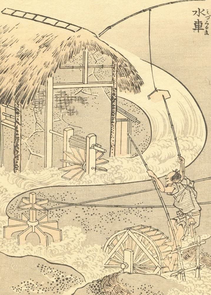 RPW Roystone Print Works Hokusai 'Water-Wheels and Watermill', Japan, 18-19th Century, Reproduction gloss A4 & A3 Ukiyo-e Classic Art Poster wall art poster – printed in Yorkshire