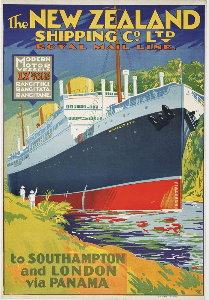 RPW Roystone Print Works Vintage Travel New Zealand 'London via Panama with The New Zealand Shipping Company', 1930's, Reproduction 250gsm Gloss A4 & A3 Vintage Art Deco Travel Poster wall art poster – printed in Yorkshire