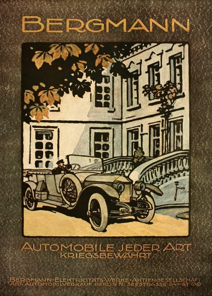 RPW Roystone Print Works Vintage Automobile 'Bergman Automobile Manufactureres, Strasbourg', Germany, 1914-18, Reproduction 250gsm A4 & A3 Vintage German WW1 Automobile Poster wall art poster – printed in Yorkshire