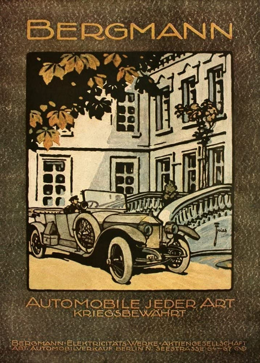 RPW Roystone Print Works Vintage Automobile 'Bergman Automobile Manufactureres, Strasbourg', Germany, 1914-18, Reproduction 250gsm A4 & A3 Vintage German WW1 Automobile Poster wall art poster – printed in Yorkshire