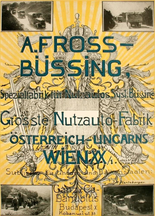 RPW Roystone Print Works Vintage Automobile 'Fross Bussing Automobile Manufacturers', Austria-Hungary, 1916, Reproduction 250gsm A4 & A3 Vintage Automobile Poster wall art poster – printed in Yorkshire