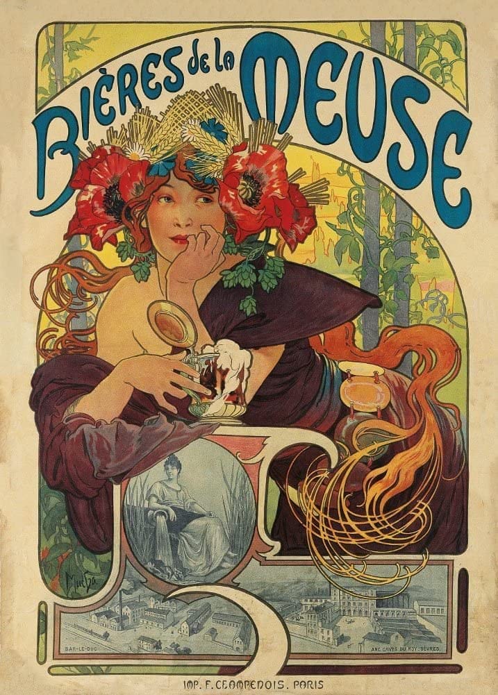 Vintage Beers, Wines and Spirits 'Bieres de la Meuse', France, 1897, Alphonse Mucha, Reproduction 250gsm A4 & A3 Vintage Art Nouveau Poster Print wall art poster – printed in Yorkshire